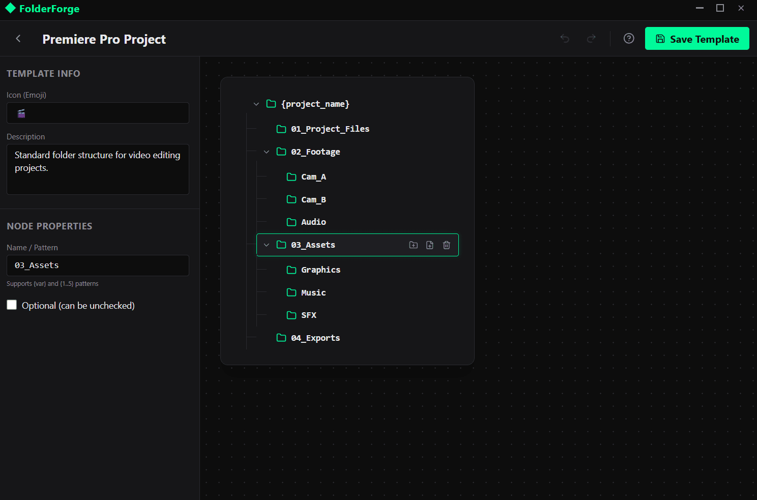 FolderForge visual template builder with drag-and-drop canvas, node properties panel and tree structure