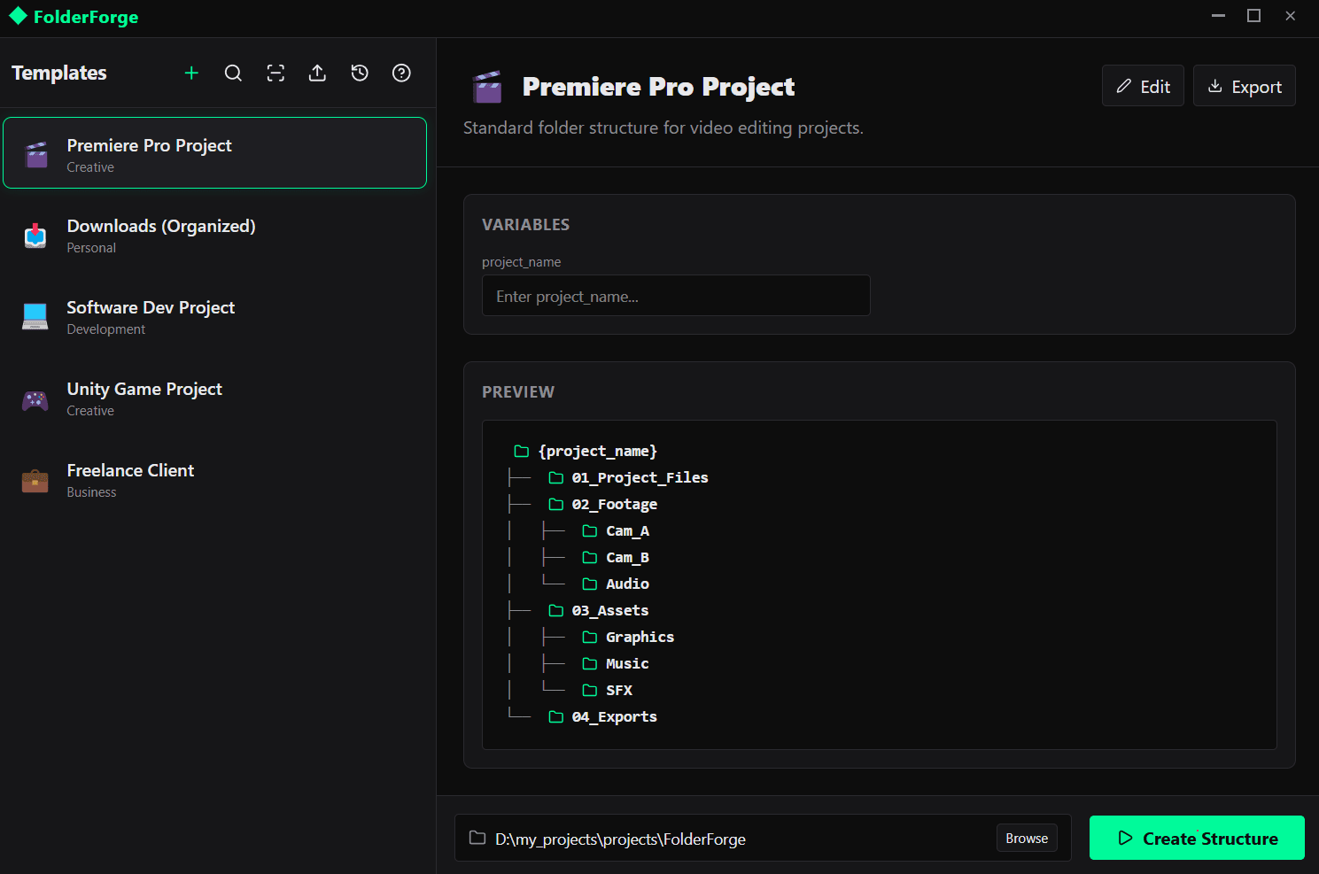 FolderForge template selector showing template list, variables, tree preview and create structure button